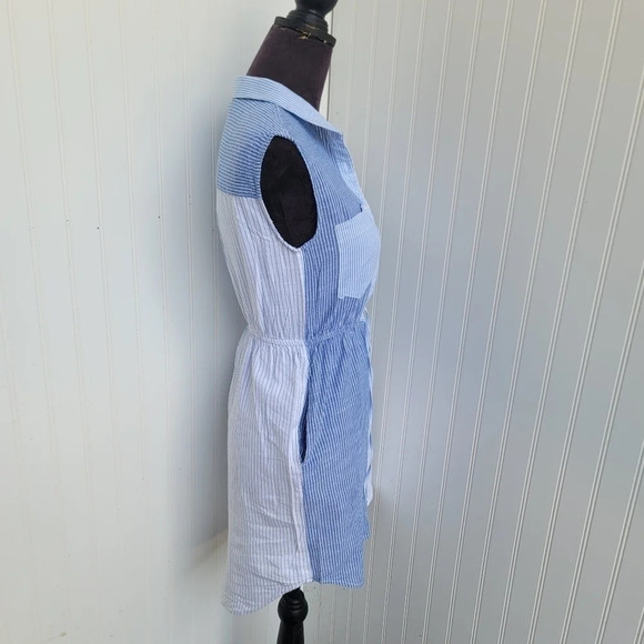 Japna Women's Dress Blue White Striped Sleeveless Elast Waist Shirt Button Sz XS - Picture 9 of 13